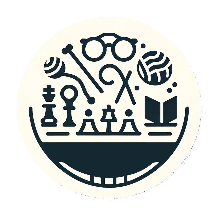 ikona przedstawiająca szachy, książki, laska, okulary