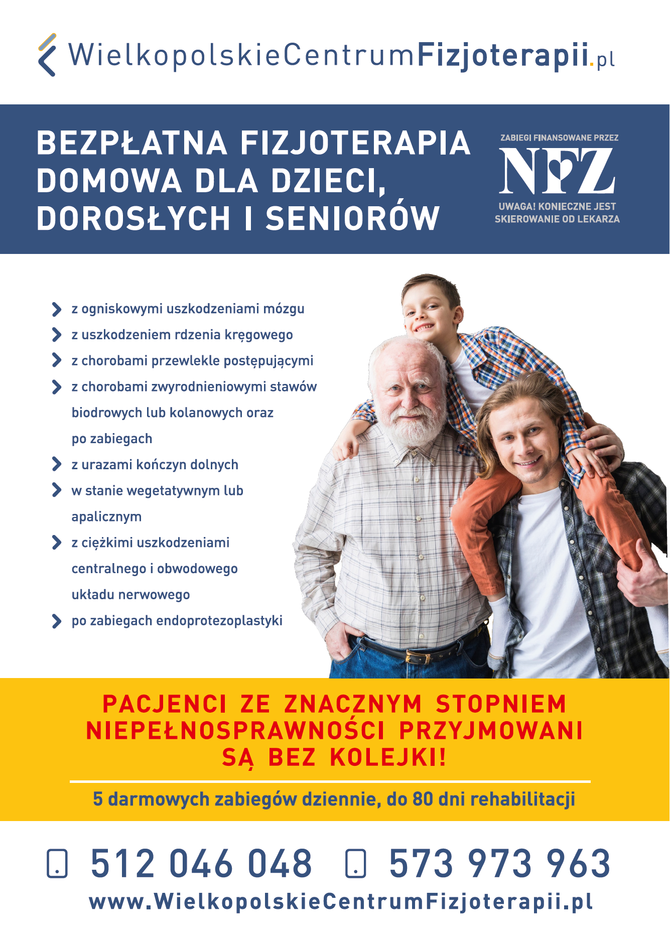 Plakat informujący o bezpłatnej domowej fizjoterapii dla dzieci, dorosłych i seniorów&nbsp;