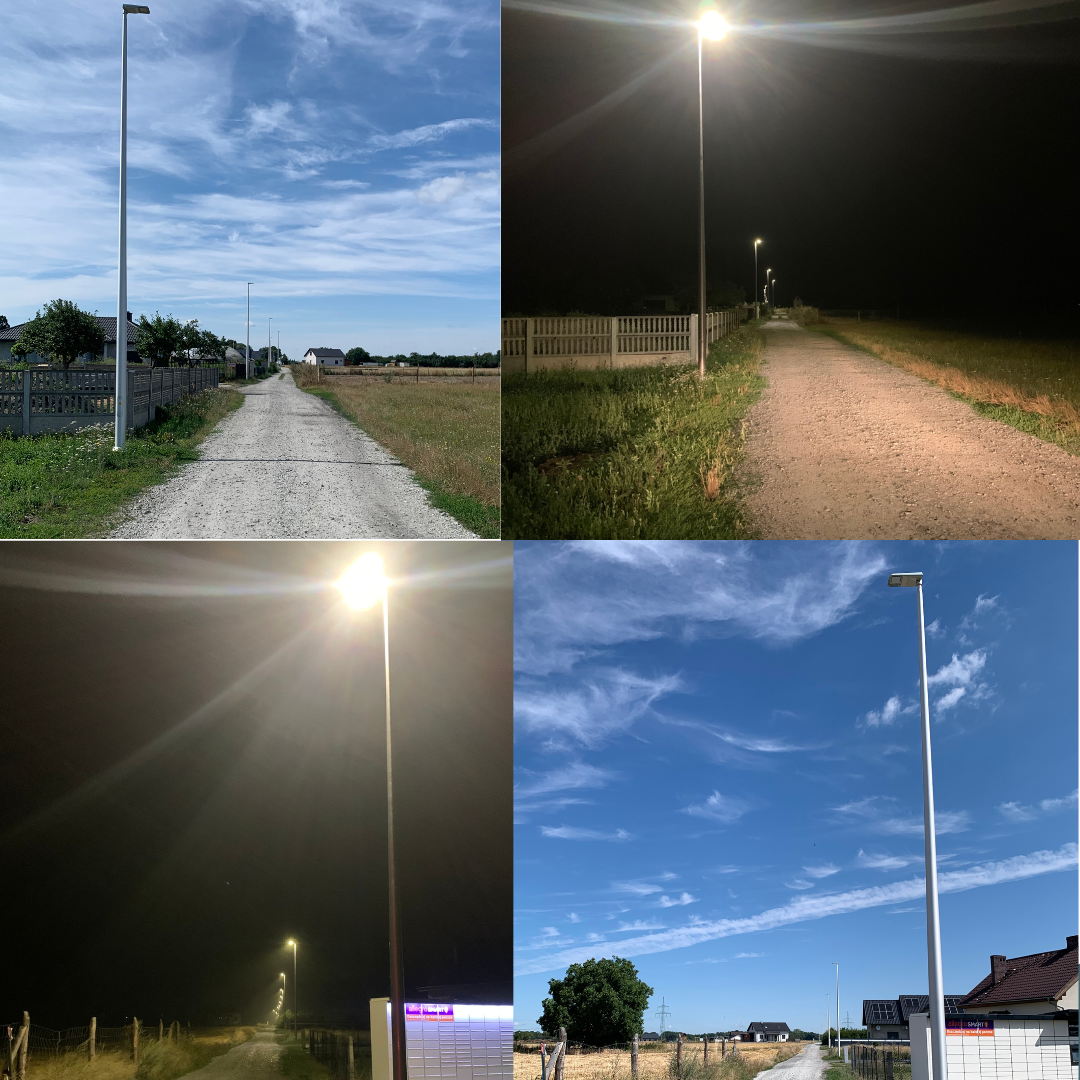 Ujęcie wykonanego oświetlenia drogowego. 4 zdjęcia 2 w dzień i 2 wieczorem jak świecą lampy&nbsp;