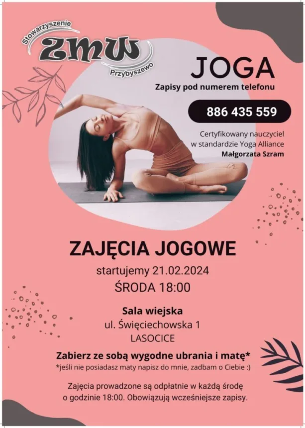 Plakat informujący o zajęciach jogi