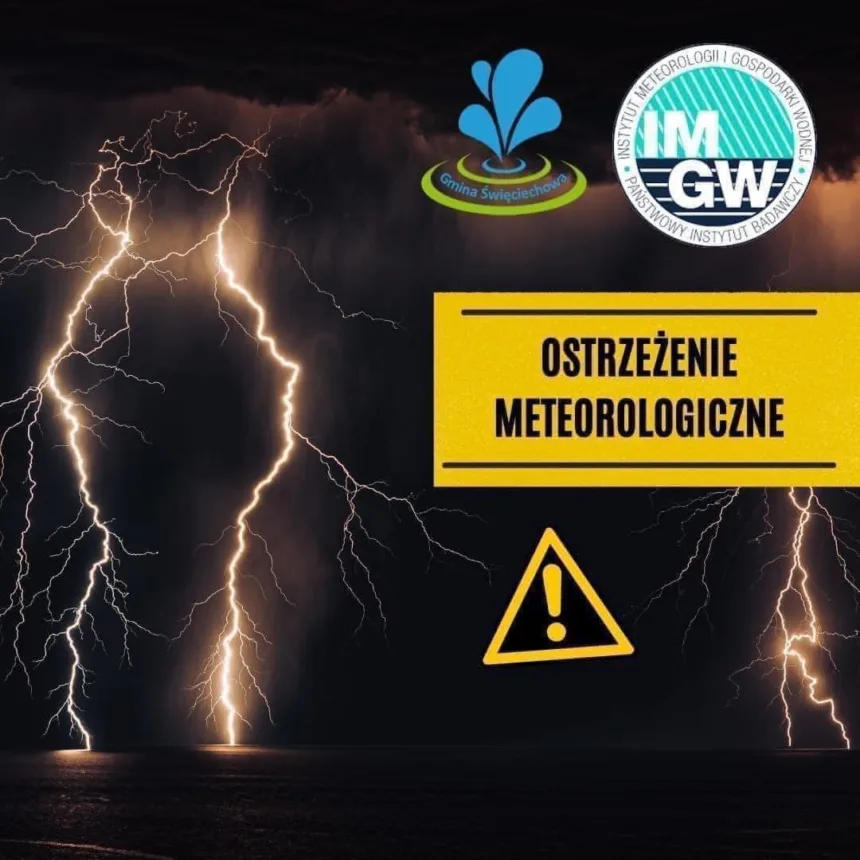 Logo gminy i IMGW w tle burza