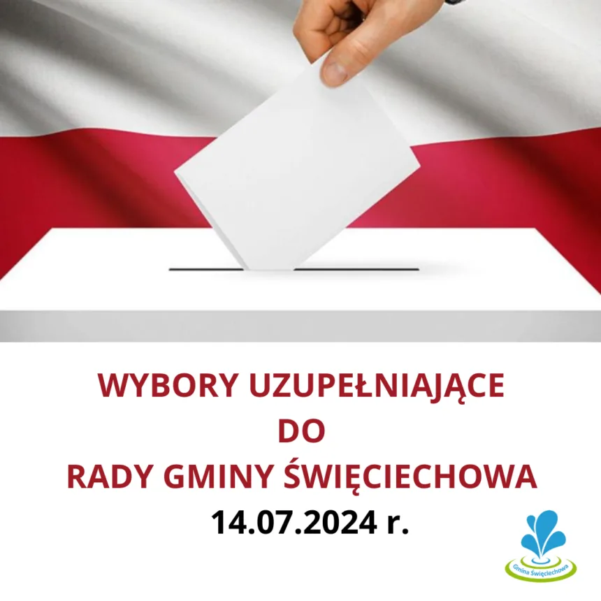 Na tle flagi biało czerwonej znajduje się biała urna z napisem Wybory uzupełniające do Rady Gminy Święciechowa 14.07.2024 r.