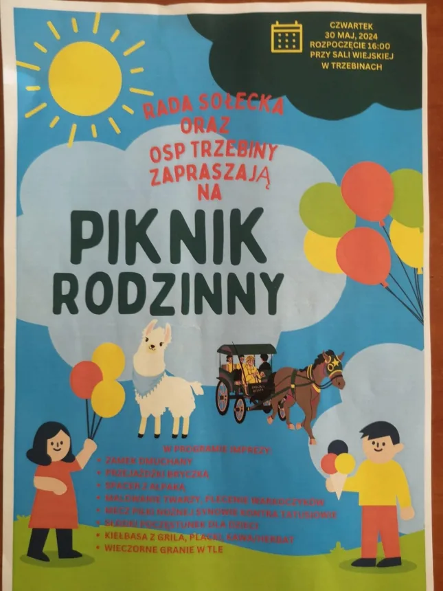 Plakat informujący o wydarzeniu. Na zdjęciu dzieci, balony oraz alpaka, koń z bryczką