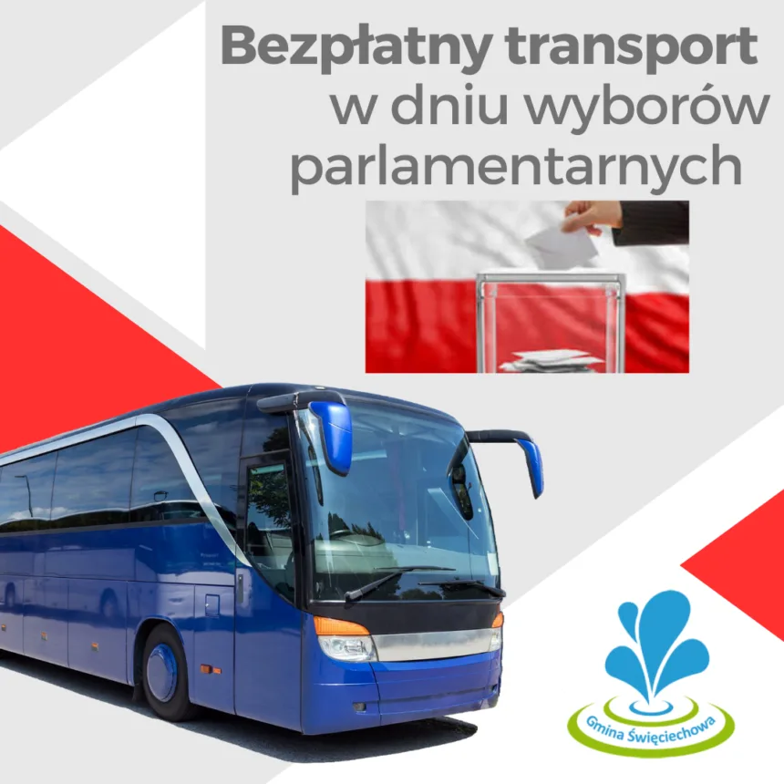 Na zdjęciu autobus z logiem gminy oraz urną. Napis bezpłatny transport w dniu wyborów parlamentarnych