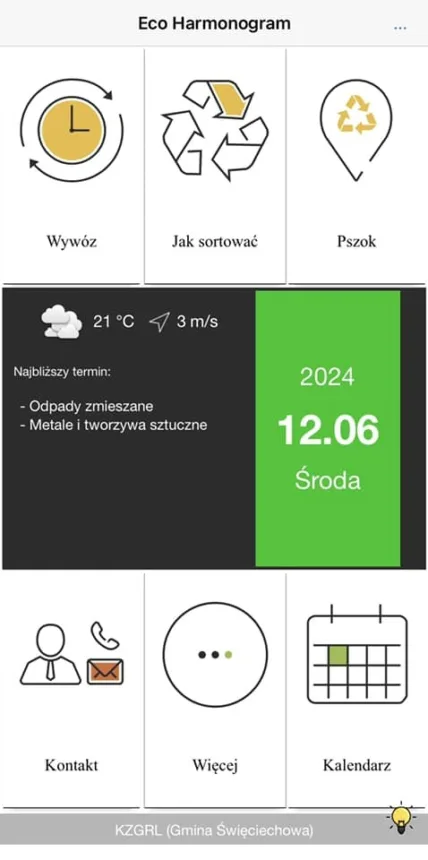 Screen pierwszej strony aplikacji na której znajdują się zakładki kalendarz, pogoda, PSZOK, Wywóz, Jak sortować, Kontakt, Więcej,