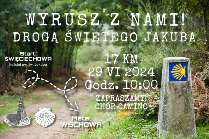 Plakat informujący o pielgrzymce. Na plakacie ścieżka przez las z zaznaczoną trasą oraz symbolem znaku Świętego Jakuba