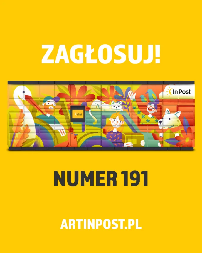 Zdjęcie całego paczkomatu z napisem ZAGŁOSUJ ! Numer 191