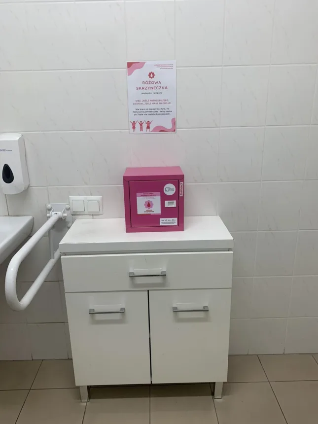 Różowa skrzyneczka na szafce w toalecie Urzędu Gminy w Święciechowie