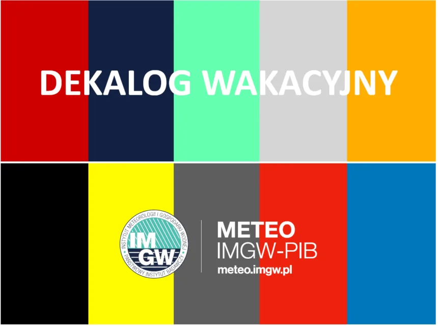 Na kolorowym tle napis DEKALOG WAKACYJNY IMGW-PIB  oraz logo IMGW
