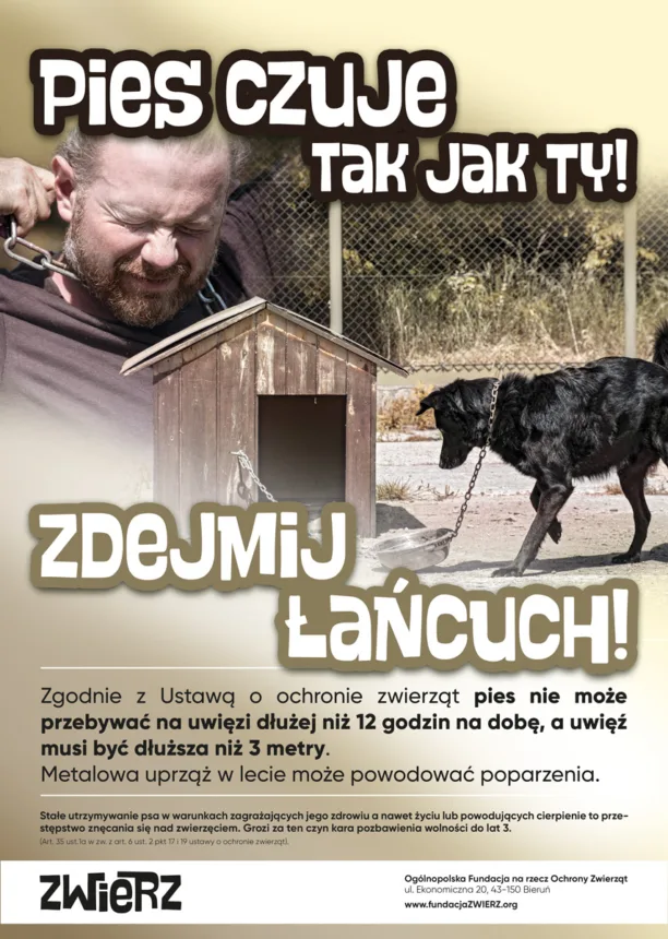 Plakat promujący akcję ZDEJMIJ ŁAŃCUCH. Na zdjęciu pies oraz człowiek na łańcuchu