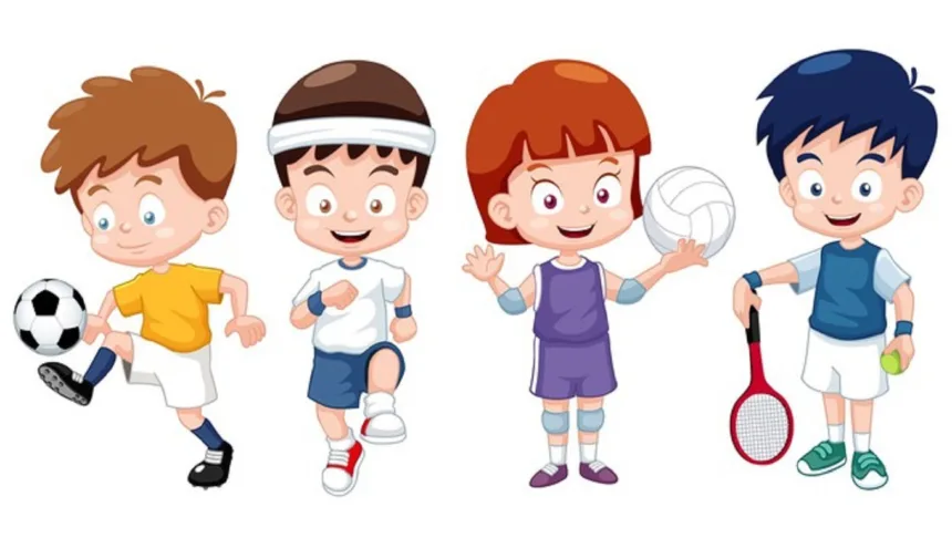 Na zdjęciu dzieci w różnych dyscyplinach sportowych. Piłka Nożna, Lekkoatletyka, Piłka siatkowa, tenis
