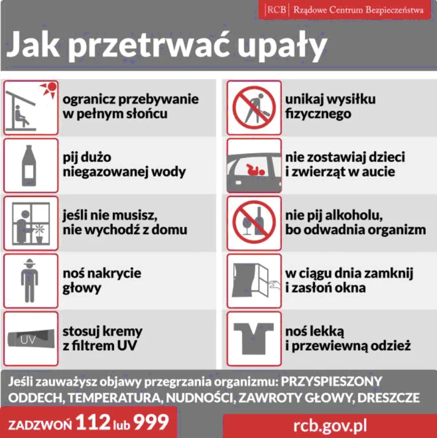 Ulotka informująca jak przetrwać upały. Wskazane są na niej wszystkie informacje które poruszone są w treści publikacji