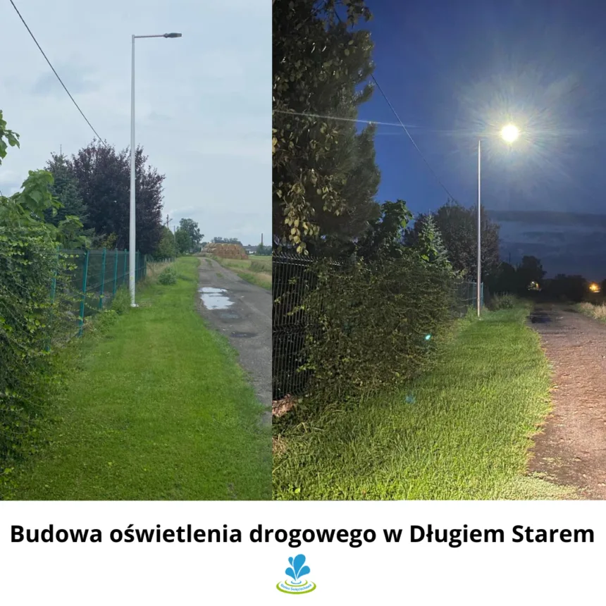 Ujęcie lamp w dzień oraz wieczorem jak świeci. Na dole napis Budowa oświetlenia drogowego w Długiem Starem