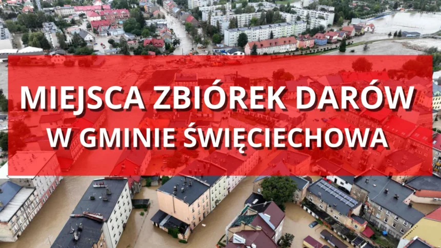 Baner z napisem MIEJSCA ZBIÓREK DARÓW W GMINIE ŚWIĘCIECHOWA