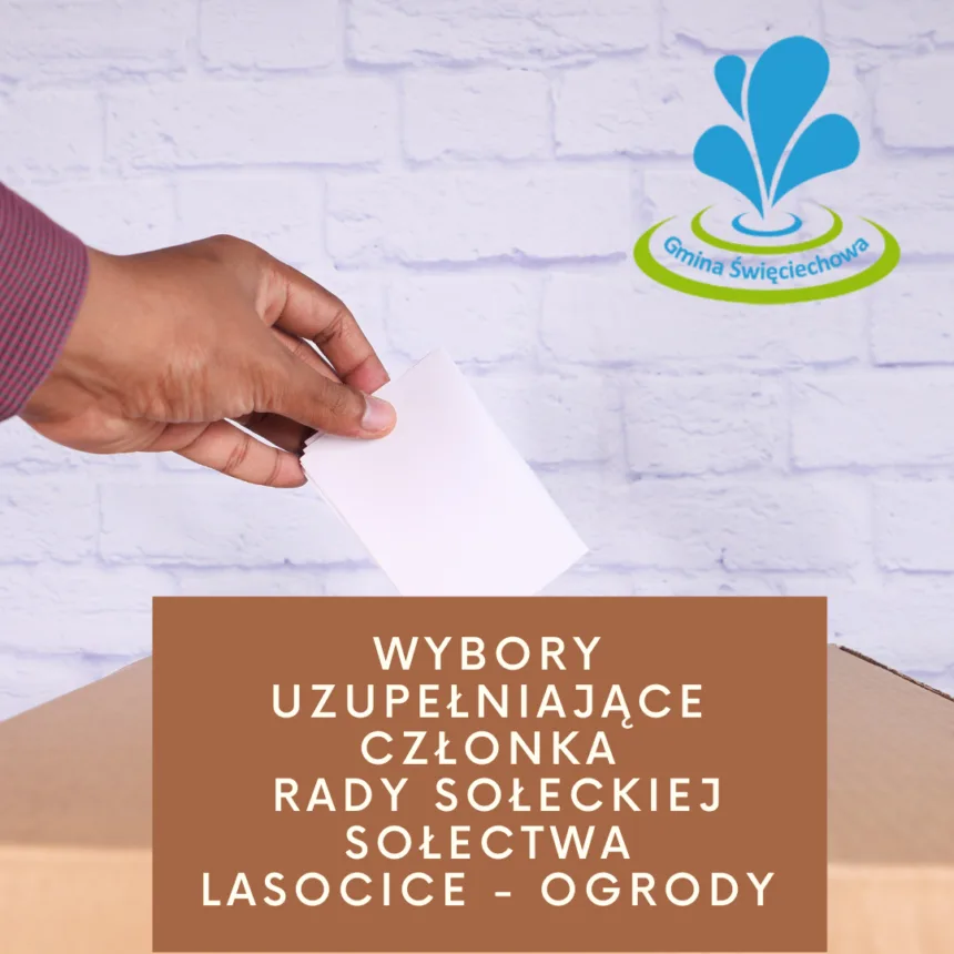 Urna z banerem i napisem Wybory uzupełniające członka Rady Sołeckiej Sołectwa Lasocice - Ogrody. W prawym górnym rogu logo gminy