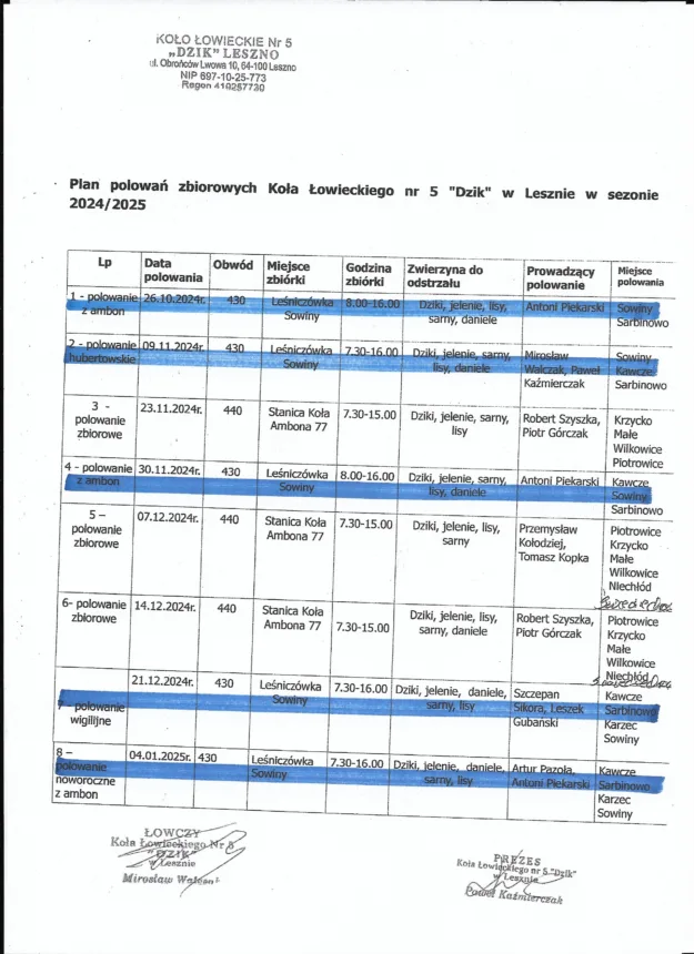 Plan polowań zbiorowych na sezon 2024/25 dla KŁ nr 5,,DZIK'' w Lesznie