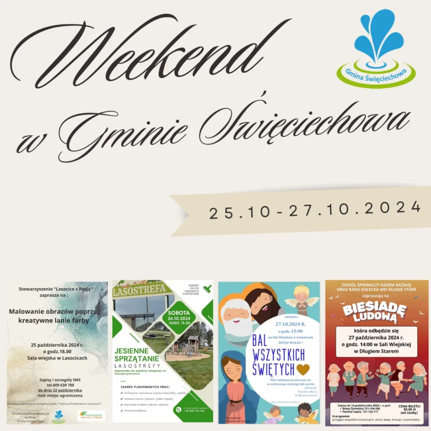 Baner z wszystkimi plakatami które promują wydarzenia w ten weekend