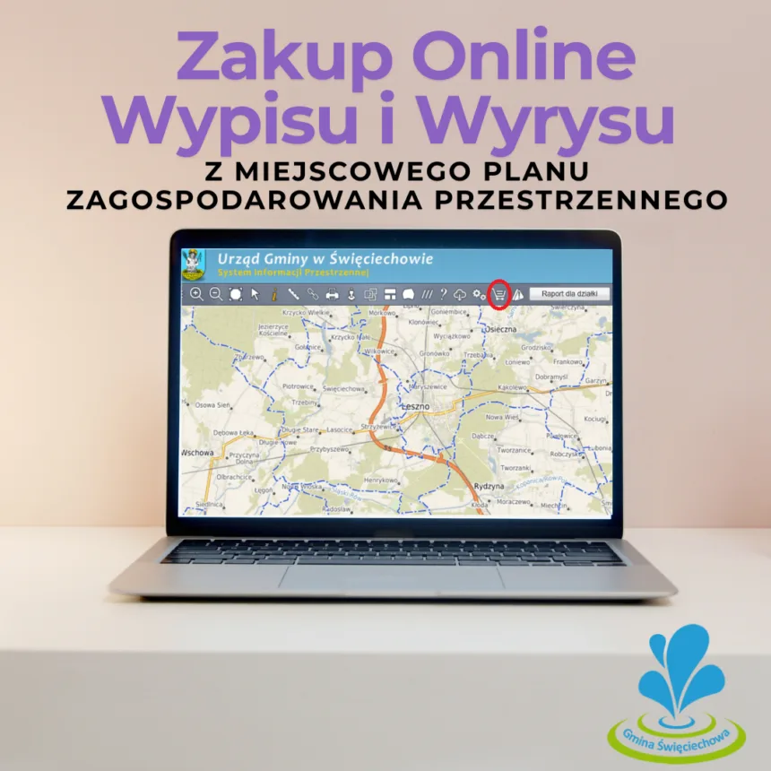 Baner z napisem Zakup Online Wypisu i Wyrysu z Miejscowego Planu Zagospodarowania Przestrzennego na zdjęciu laptop z otwartą mapką oraz w prawym dolnym rogu logo gminy