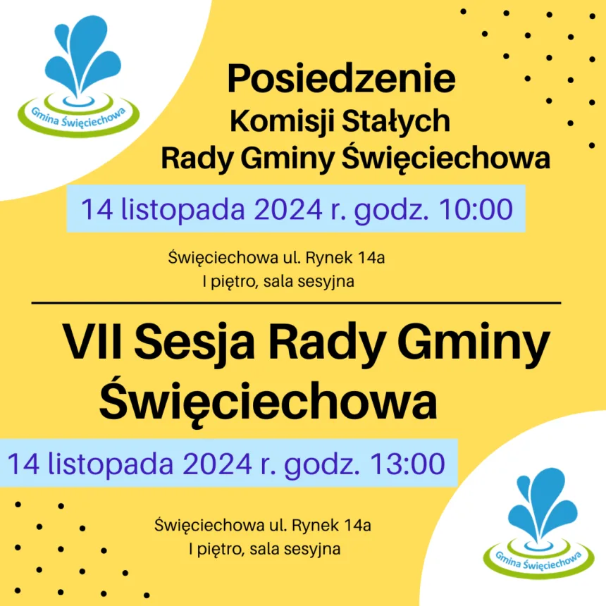 Baner informujący o posiedzeniu komisji i sesji