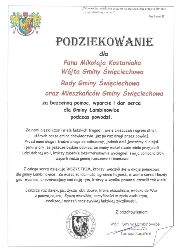 List z podziękowaniami za udzieloną pomoc