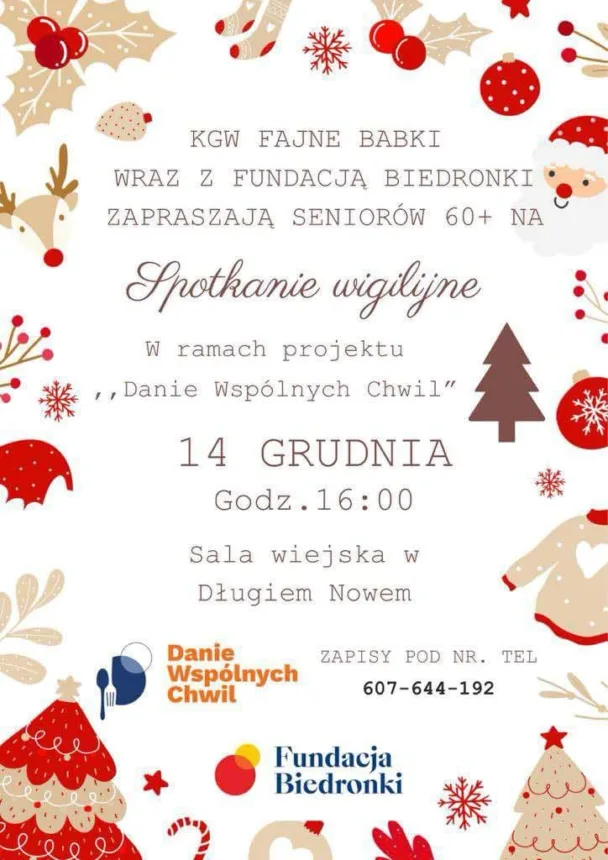 Plakat zapraszający seniorów 60+ na spotkanie wigilijne organizowane przez KGW Fajne Babki oraz Fundację Biedronki, z informacjami o dacie, godzinie oraz miejscu wydarzenia.