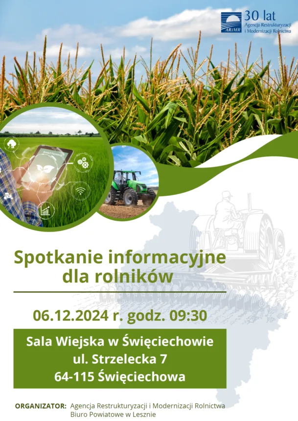 Plakat informacyjny dotyczący spotkania dla rolników, przedstawiający zboża w tle, tablety z ikonami technologicznymi oraz traktor. Zawiera datę i miejsce wydarzenia: 6 grudnia 2024, Sala Wiejska w Święciechowie.