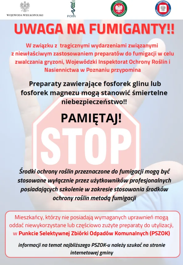 Plakat przestrzegający przed FUMIGANTAMI