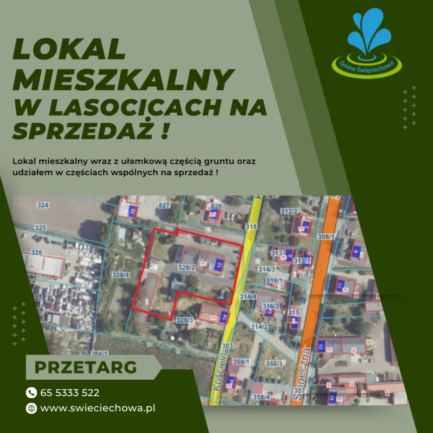 Plakat informujący o sprzedaży lokalu w Lasocicach wraz z logo gminy i mapką sytuacyjną lokalu