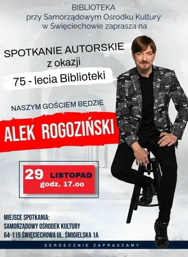 Plakat promujący spotkanie autorskie z Aleksandrem Rogińskim z okazji 75-lecia biblioteki, z datą wydarzenia 29 listopada o godzinie 17:00, z informacjami o miejscu spotkania.