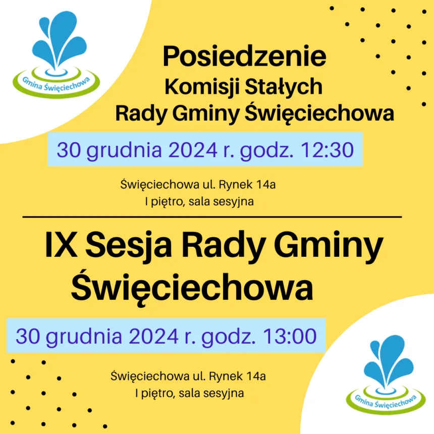 Baner informujący o posiedzeniu Komisji i Rady Gminy