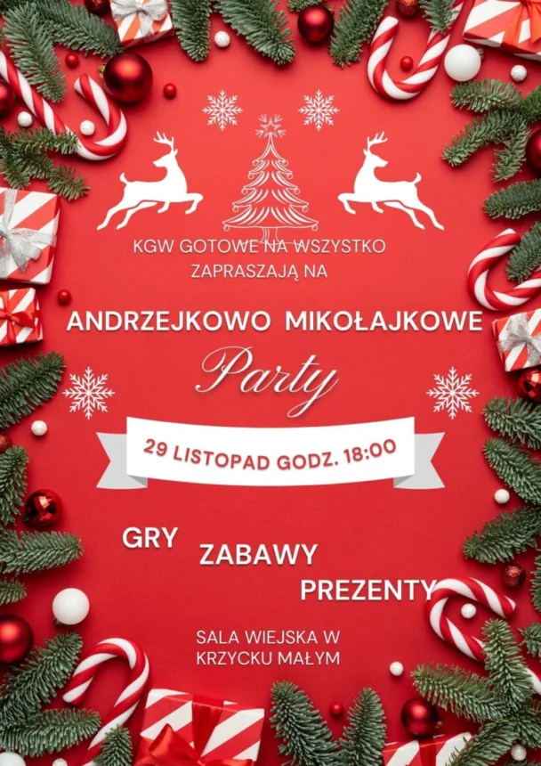 Plakat zapraszający na Andrzejkowo-Mikołajkowe Party, z datą 29 listopada o godzinie 18:00, zawierający informacje o grach, zabawach i prezentach, ozdobiony świątecznymi elementami takimi jak choinka, renifery, prezenty i gałązki iglaste na czerwonym tle.