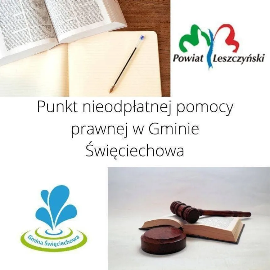 Logo gminy i powiatu z napisem Nieodpłatna pomoc prawna na terenie Gminy Święciechowa oraz dwa zdjęcia symbolizujące prawo