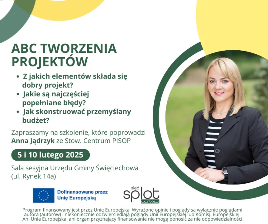 Zdjęcie promujące wydarzenie ABC tworzenia projektu. Zdjęcie prowadzącej po prawej stronie