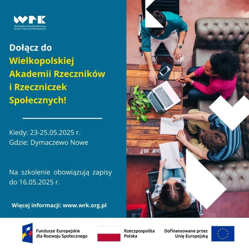 Plakat promocyjny Plakat promujący Wielkopolską Akademię Rzeczników i Rzeczniczek Społecznych. Więcej informacji w tekście głównym.
