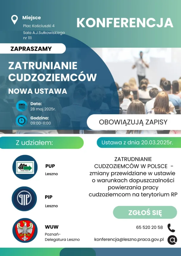 Plakat reklamujący szkolenie pt. "„Zatrudnianie cudzoziemców w Polsce – zmiany przewidziane w ustawie o warunkach dopuszczalności powierzania pracy cudzoziemcom na terytorium RP”.