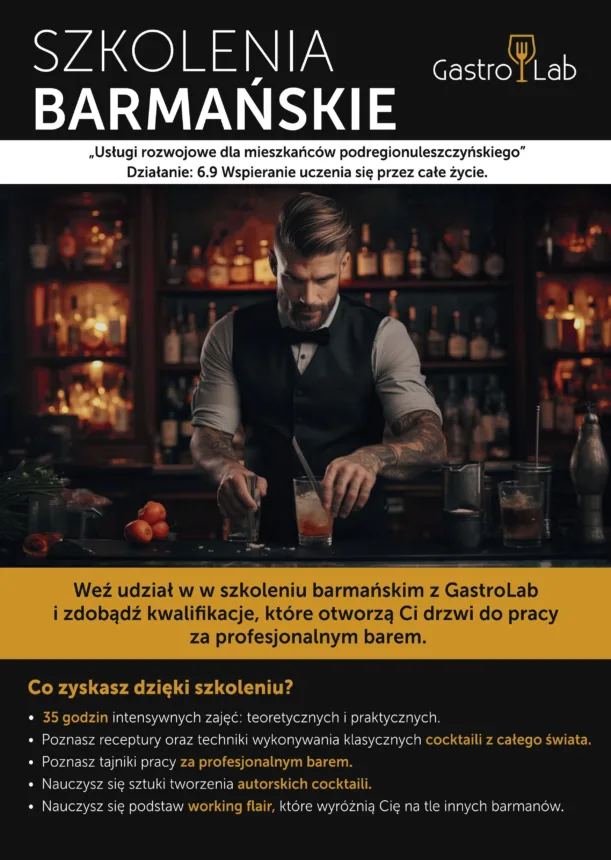 Zdjęcie przedstawia grafikę informacyjną zapraszającą na kurs barmański.