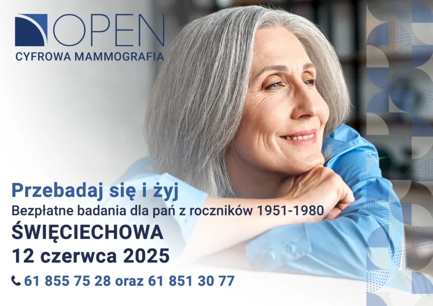 Grafika informacyjna o bezpłatnych badaniach mammograficznych w Święciechowie