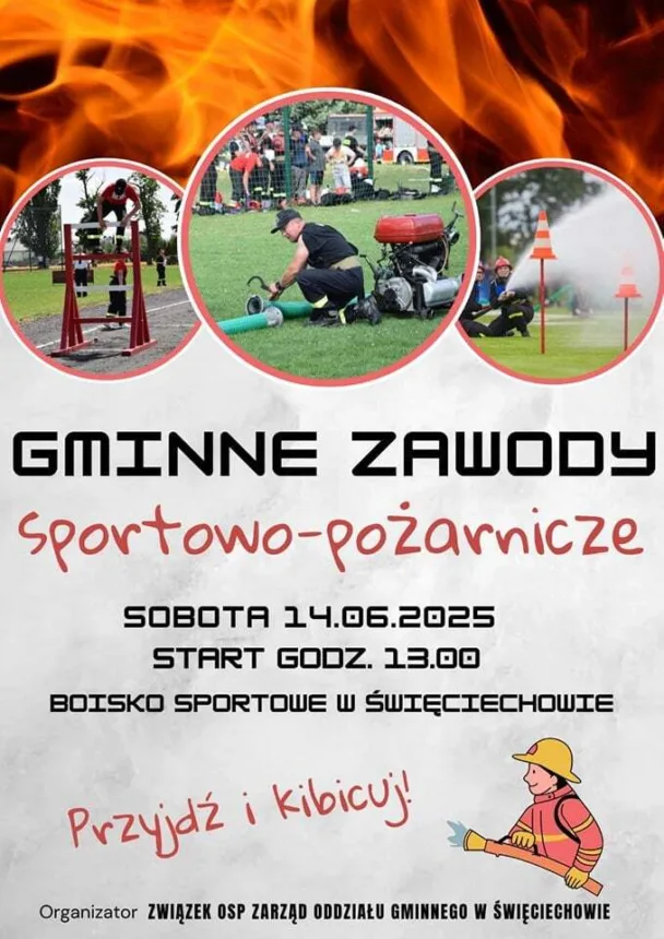 Plakat informacyjny o zawodach pożarniczych