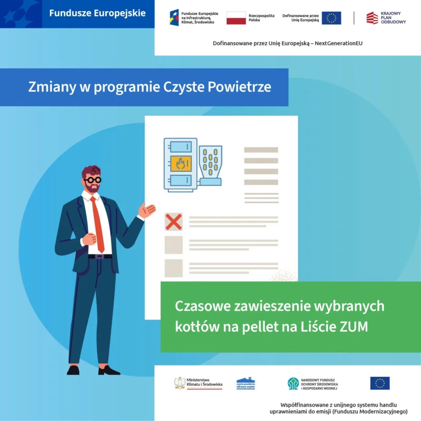 „Grafika informacyjna programu Czyste Powietrze. Na górze logotypy Funduszy Europejskich, Rzeczypospolitej Polskiej, Unii Europejskiej oraz Krajowego Planu Odbudowy. Tytuł: Zmiany w programie Czyste Powietrze. Obok mężczyzna w garniturze wskazuje na dokument z ilustracją kotła na pellet. Na dole komunikat: Czasowe zawieszenie wybranych kotłów na pellet na Liście ZUM. Widoczne logotypy Ministerstwa Klimatu i Środowiska oraz Narodowego Funduszu Ochrony Środowiska i Gospodarki Wodnej.”
